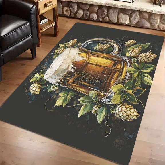 Classic Beer Mug Hop Vine 2D Printed Non-Slip Floor Rug, Living Room Entryway Festival Kitchen Entry Home Decor, Thanksgiving Christmas Gift