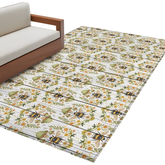 Classic Bees Area Rug 4x6 Washable Rug Non Slip Summer Spring Floral Animals Wooden Large Area Rug Indoor Floor Carpet for Entryway Bedroom Kitchen Living Room Home Office Dining Room Nursery