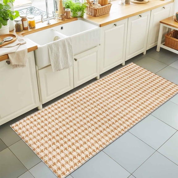Classic Beige Khaki Houndstooth Pattern Rectangle Area Rug 2x6ft,Living Room Rug Non-Slip Washable Circle Rugs Pad,Vintage Farm Checker Soft Floor Carpet for Bedroom Dining Room