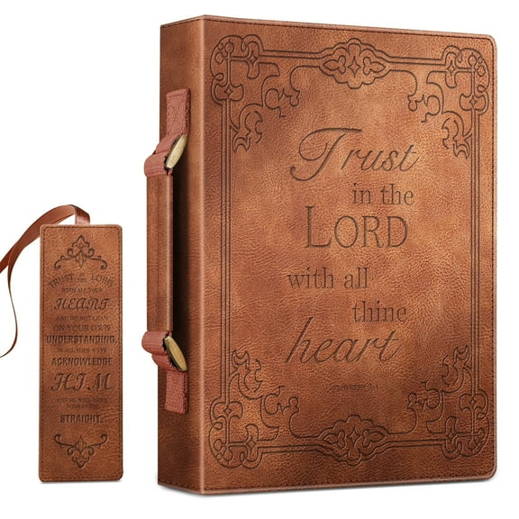 Classic Bible Cover, FINPAC Extra Large PU Leather Carrying Book Case Church Bag Bible Protective with Handle, Perfect Gift for Men, Women, Father, Mother, Friends [Trust in The Lord], Bronze