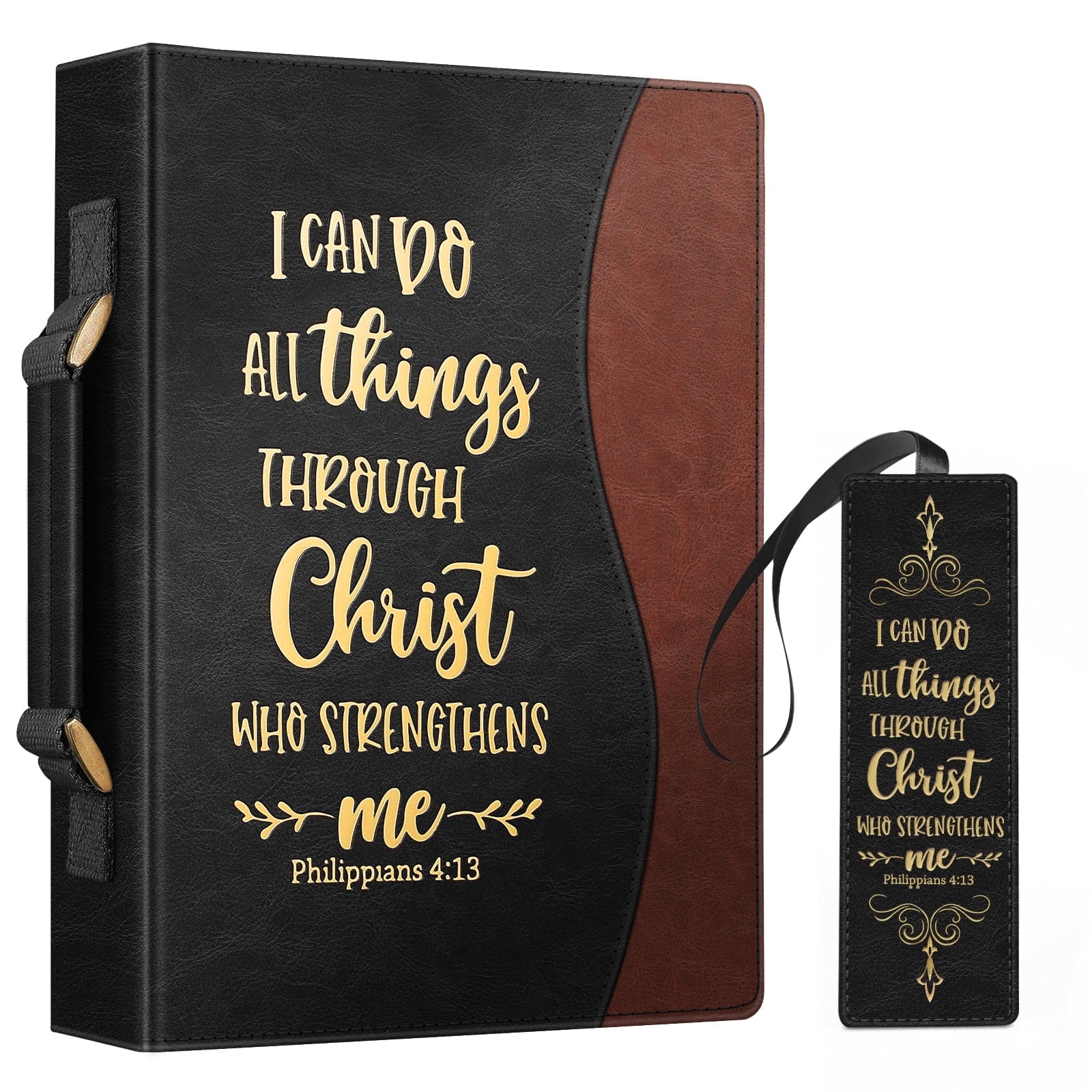 Classic Bible Cover, FINPAC Large PU Leather Carrying Book Case Church Bag Bible Protective with Handle, Perfect Gift for Men, Women, Father, Mother, Friends [I Can Do All Things], Black/Brown