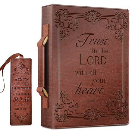 Classic Bible Cover, FINPAC Extra Large PU Leather Carrying Book Case Church Bag Bible Protective with Handle, Perfect Gift for Men, Women, Father, Mother, Friends [Trust in The Lord], Brown