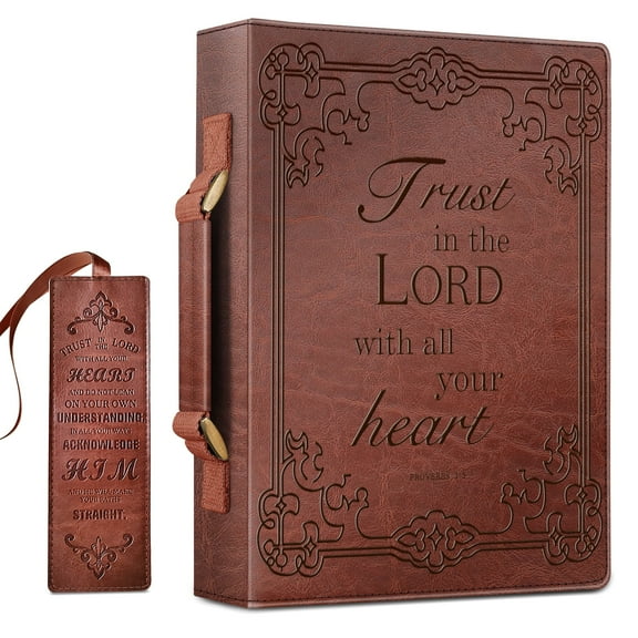 Classic Bible Cover, FINPAC Extra Large PU Leather Carrying Book Case Church Bag Bible Protective with Handle, Perfect Gift for Men, Women, Father, Mother, Friends [Trust in The Lord], Brown