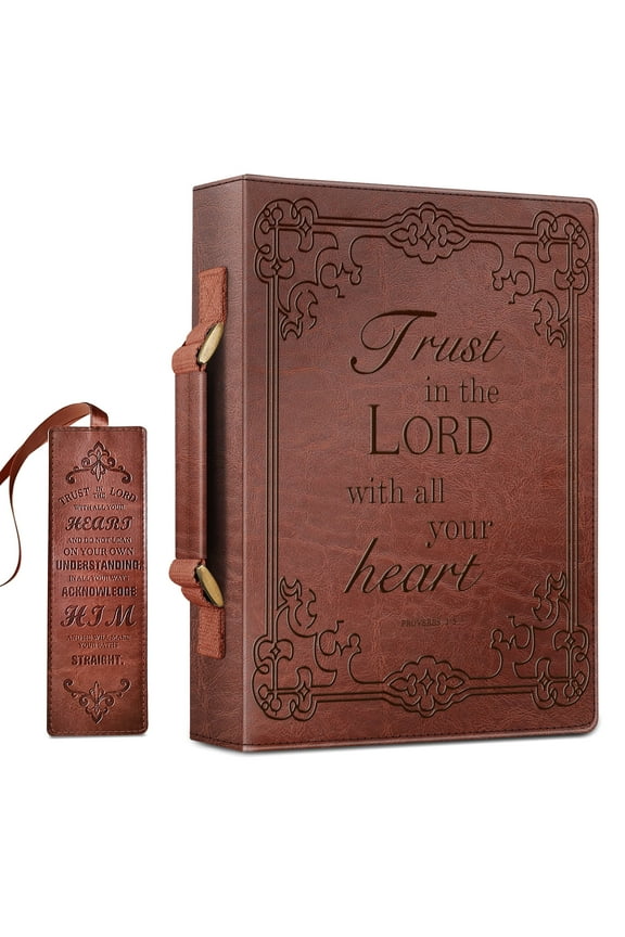 Classic Bible Cover, FINPAC Extra Large PU Leather Carrying Book Case Church Bag Bible Protective with Handle, Perfect Gift for Men, Women, Father, Mother, Friends [Trust in The Lord], Brown