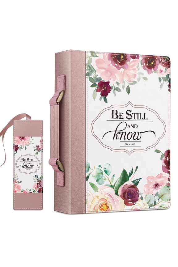 Classic Bible Cover, FINPAC Large PU Leather Carrying Book Case Church Bag Bible Protective with Handle, Perfect Gift for Women, Lady, Mother, Friends [ Be Still and Know], Pinkish Purple Rose
