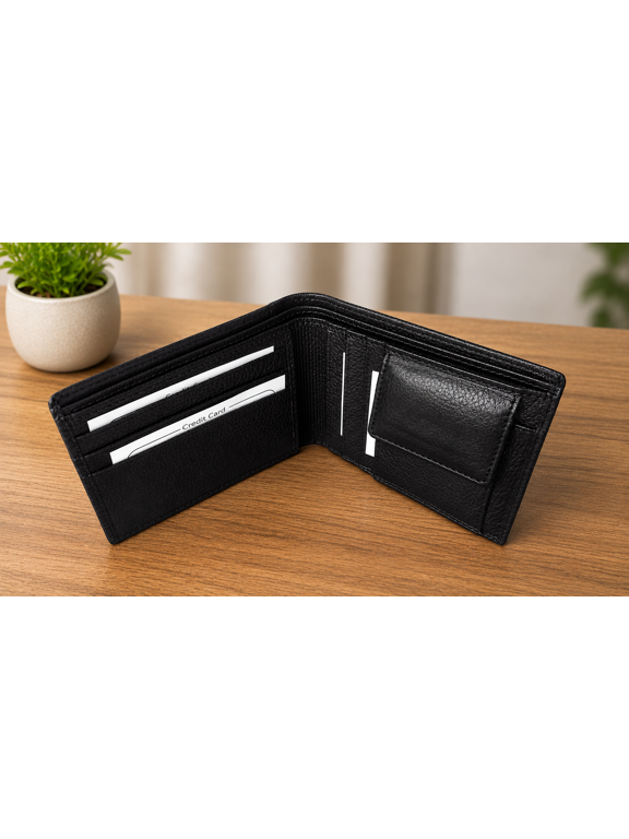 Classic Bifold Faux Leather Wallet with Coin Pocket, Multiple Card Slots, ID Window and Cash Compartment, Black