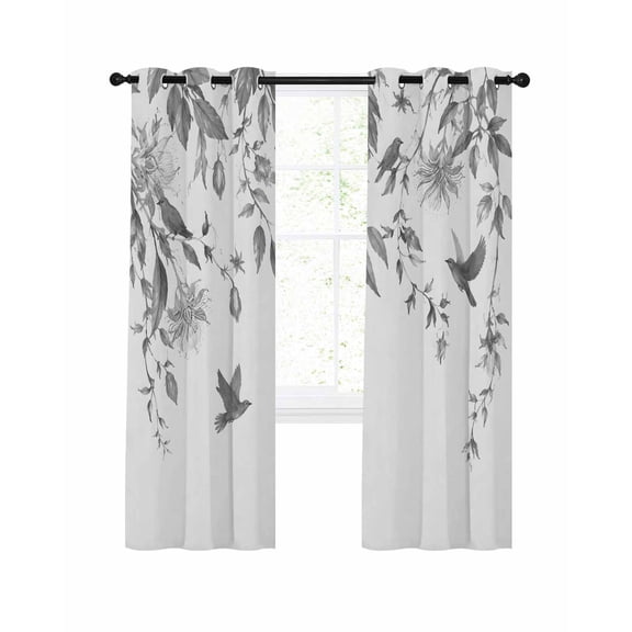 Classic Birds Blackout Curtains 2 Panels Set Cottagecore Trailing Flower Leaf Gray Thermal Insulated Privacy Black Out Drapes Window Curtain for Living Room Bedroom 52 x 96 Inch