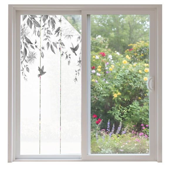 Classic Birds Window Privacy Film Cottagecore Trailing Flower Leaf Gray Decorative Glass Window Film UV Blocking Static Cling Non-Adhesive Sticker Covering for Home Door 35.4x78.7 inches