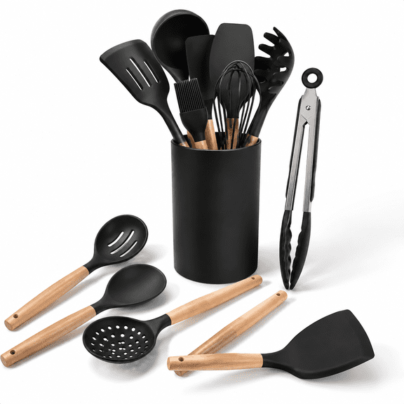 Classic Black 14-Piece Kitchen Utensil Set With Holder For Nonstick Cookware