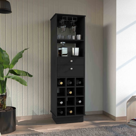 Classic Black Bar Cabinet with Two Drawers and Twelve Built-in Wine Rack for Kitchen, Living Room, Particle Board, 15.7x18.2x15.7 Inches