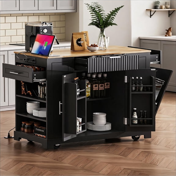 Classic Black Contemporary Kitchen Island with Concealed Trash Storage and Charging Station, Butcher Block Top