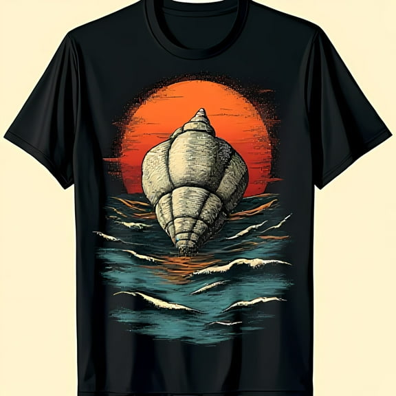 Classic Black Crewneck T-Shirt with Seashell & Wave Graphic
