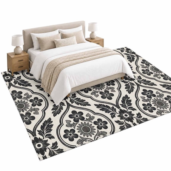 Classic Black Damask Area Rug 6'x9', Vintage Leaves Scrolls Cream Soft ...