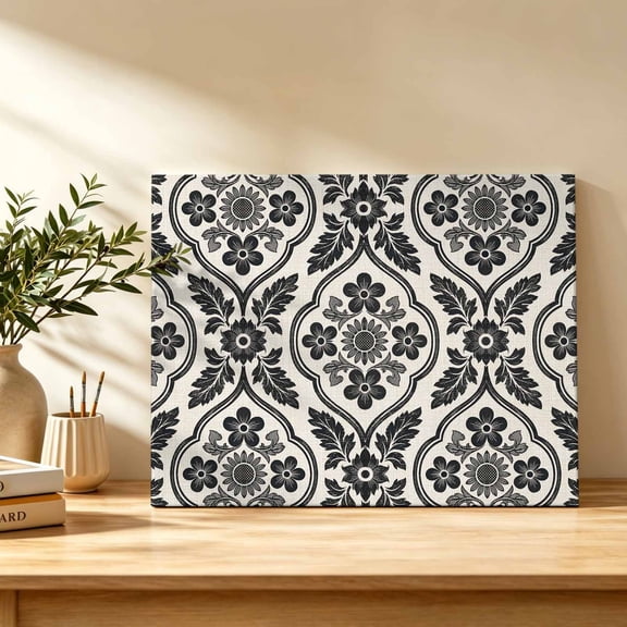 Classic Black Damask Canvas Wall Art, Vintage Leaves Scrolls Cream Wall Art Prints Artwork Framed Canvas Ready to Hang Art Pictures for Bathroom Bedroom Entry Desk Corner 10" x 8"