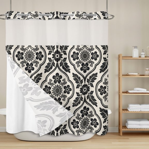 Classic Black Damask No Hook Shower Curtain with Snap in Liner, Vintage Leaves Scrolls Cream Waterproof Shower Curtains with See Through Top Window Liner for Bathroom, 72x72 Inches