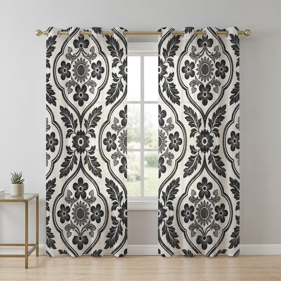 Classic Black Damask Sheer Curtains 84 Inch Long 2 Panels, Vintage Leaves Scrolls Cream Light Filtering Semi Sheer Drapes Grommet Voile Window Curtain for Living Bedroom W42 x L84