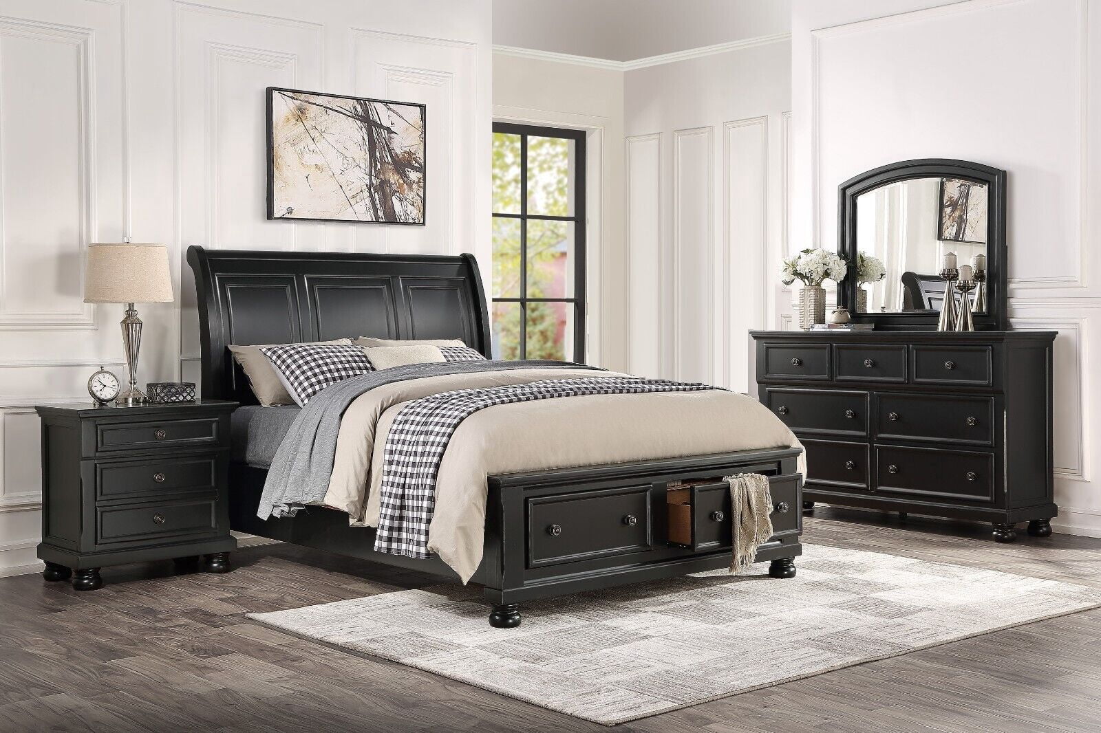Classic Black Finish Bedroom Queen 5pc Set Platform Bed Two Nightstands ...
