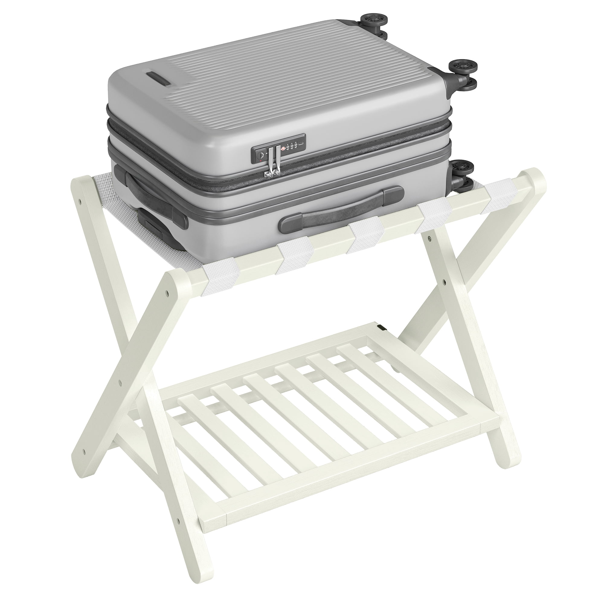 Classic Black Folding Luggage Rack with Storage Shelf. Heavy - duty, it ...