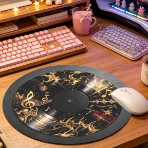 Classic Black Gold Retro Disc Round Mouse Pad, 2D Printed Mat for Office Gaming (8.66in), Desktop Decor & Festival Gift