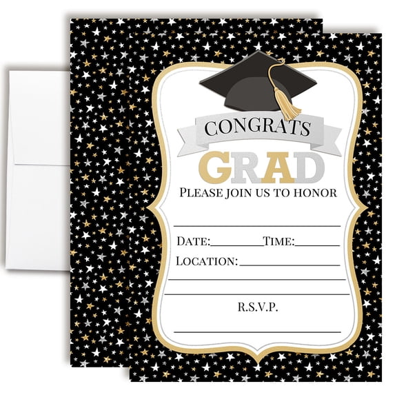 Classic Black and Gold Stars Graduation Party Invitations  20 Fill In the Blank Invites with Envelopes  5x7 Graduation Invitations, Grad Party Invites by Amanda Creation