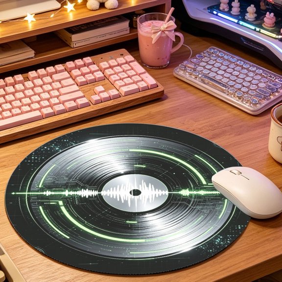 Classic Black Green Vinyl Record Texture Round Mouse Pad, 2D Printed Mat for Office Gaming (8.66in), Desktop Decor & Festival Gift