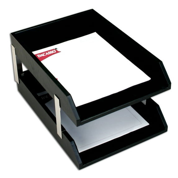 Classic Black Leather Double Legal Trays with Silver Posts