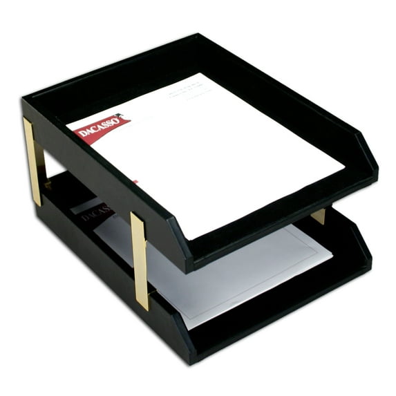 Classic Black Leather Front-load Letter Trays with Gold Stacking Posts