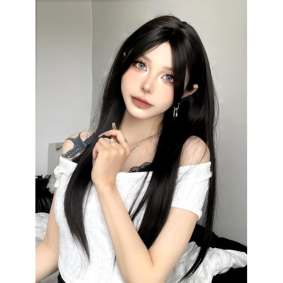 Classic Black Long Straight Wig 65cm Blunt Bangs Daily Synthetic Hair for Women East Asian Fashion K-pop Style Heat Resistant wig cap (25.6 Inch)