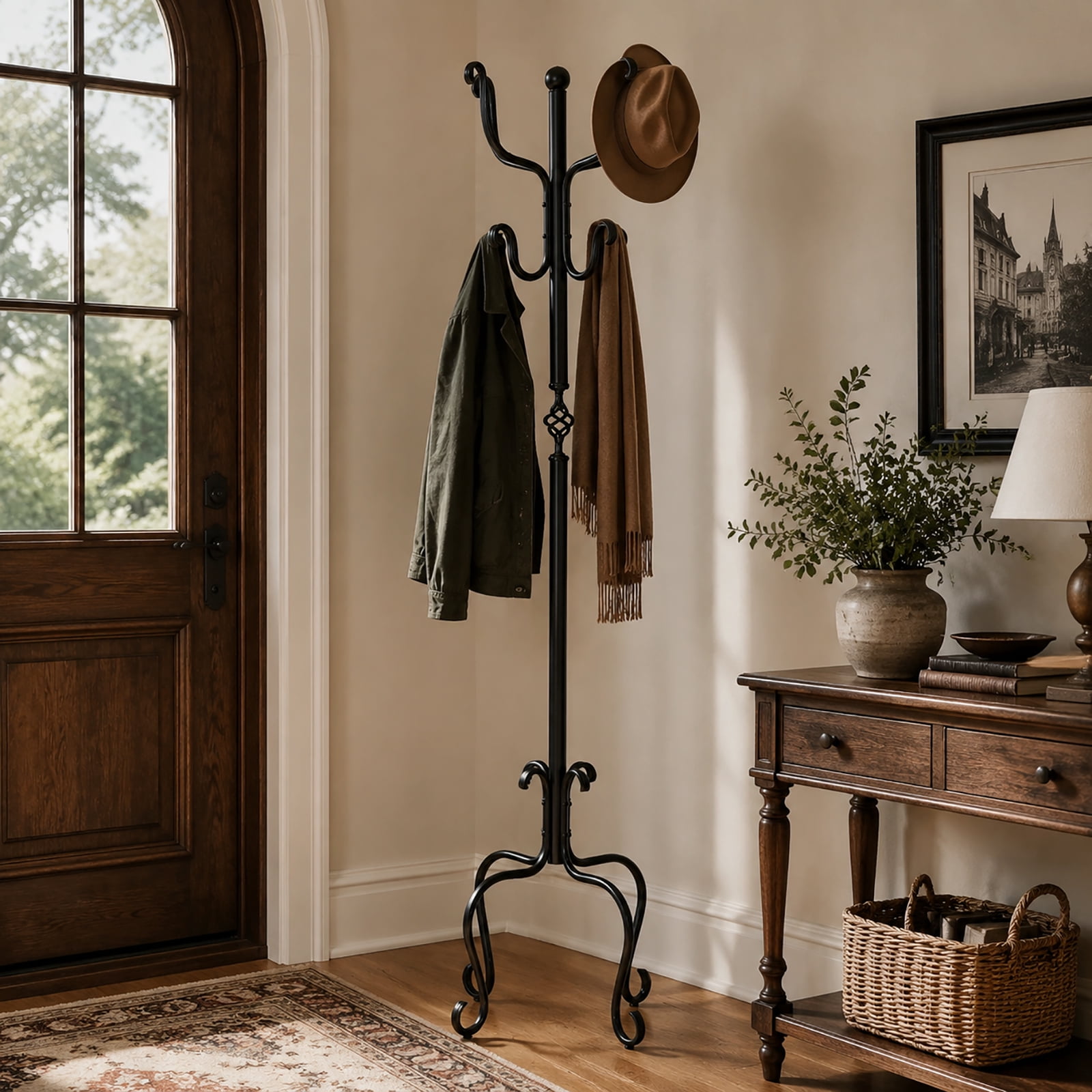 Classic Black Metal Freestanding Coat Rack, 8Hook Standing Coat Hanger with Curved Stable Base for Entryway Bedroom Mudroom
