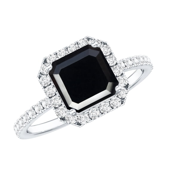 Rosec Jewels Black Onyx Asscher Cut Engagement Ring with Halo - AAA Quality Black Onyx and Diamond Ring - with Jewelry Box, 14K White Gold, US 5.50