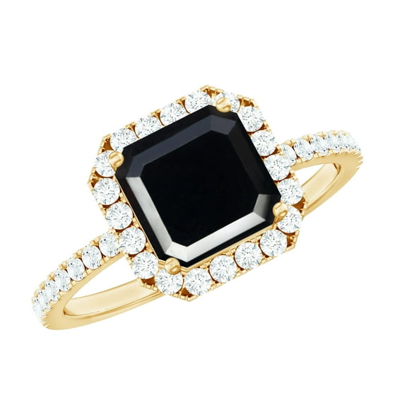 Rosec Jewels Black Onyx Asscher Cut Engagement Ring with Halo - AAA Quality Black Onyx and Diamond Ring - with Jewelry Box, 14K Yellow Gold, US 9.50