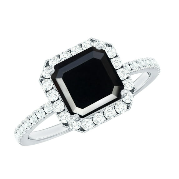 Rosec Jewels Black Onyx Asscher Cut Engagement Ring with Halo - AAA Quality Black Onyx and Diamond Ring - with Jewelry Box, 925 Sterling Silver, US 4.00
