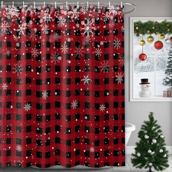Classic Black and Red Buffalo Plaid Shower Curtain for Bathroom, Winter Christmas Snowflakes Waterproof Shower Curtains Washable Quick Dry with Hooks Bathtub Curtains 72x72IN