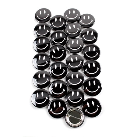 Classic Black Smiley Face Pinback Button Badges - 1.5 Inch Round - 25 Pack
