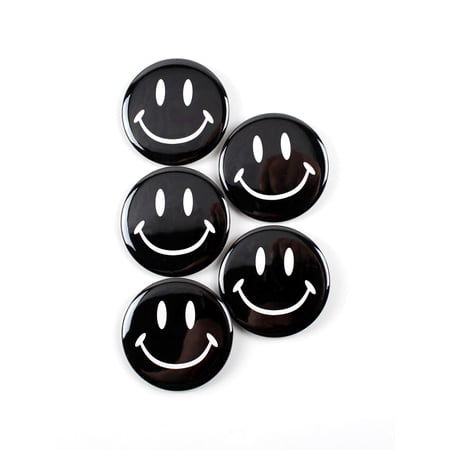 Classic Black Smiley Face Pinback Button Badges - 2.25 Inch Round - 5 Pack