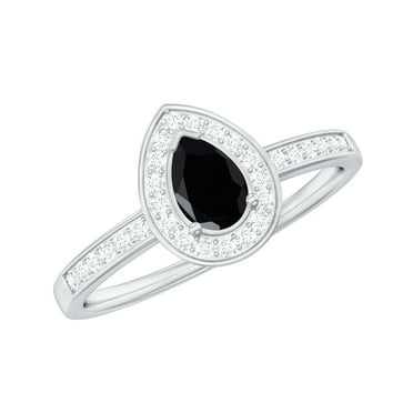 Rosec Jewels Classic Black Spinel Teardrop Engagement Ring with Diamond Halo (1 CT, AAA Quality), 925 Sterling Silver, US 4.00