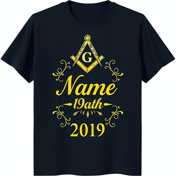 Classic Black T-Shirt with Bold Gold Masonic Symbol & Stylish 'Name 19ath 2019' Text