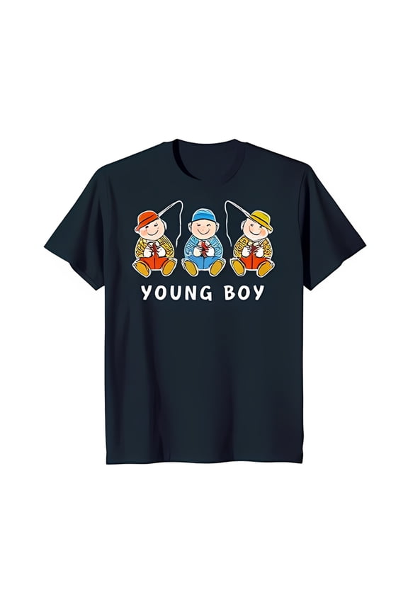 Classic Black T-Shirt with Bold 'Young Boy' Cartoon Chest Graphic for Enthusiasts