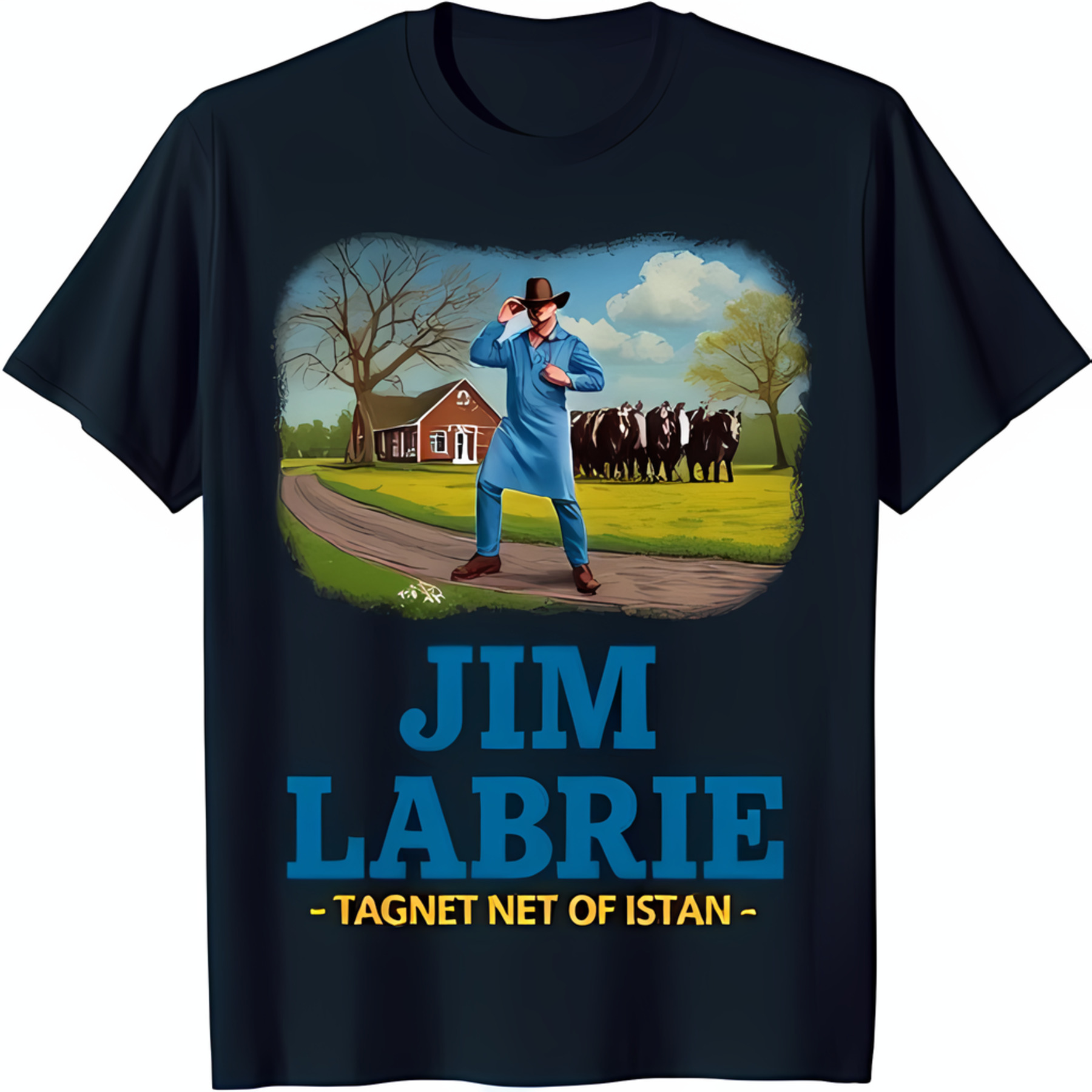 Classic Black TShirt with Cowboy Graphic Jim Labrie & Farm Scene