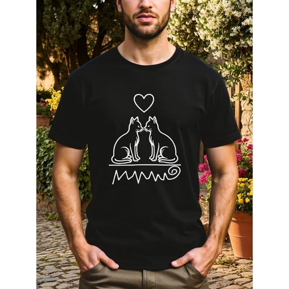 Classic Black T-Shirt with Cute Cartoon Cat Couple & Love Print, Short ...