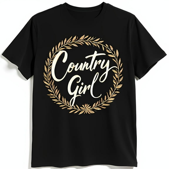 Classic Black T-Shirt with Elegant Gold Wreath Design Girl Graphic Tee