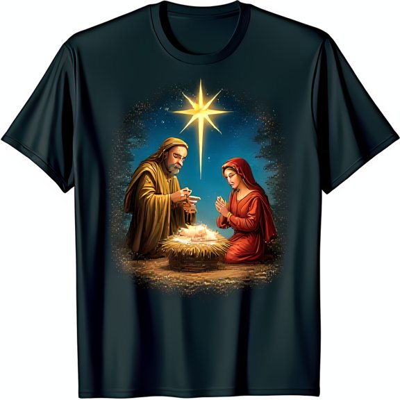 Classic Black T-Shirt with Elegant Nativity Scene Design and Under a Bright Star