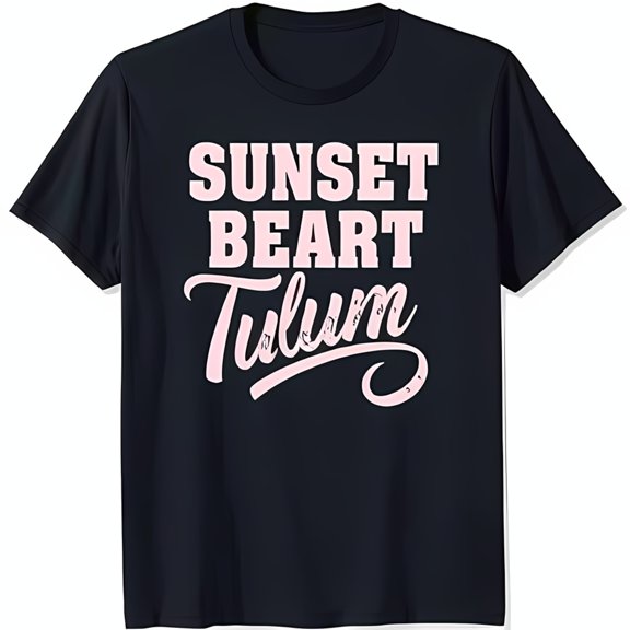 Classic Black T-Shirt with Fun 'SUNSET BEART TULUM' Pink Design for Casual Wear