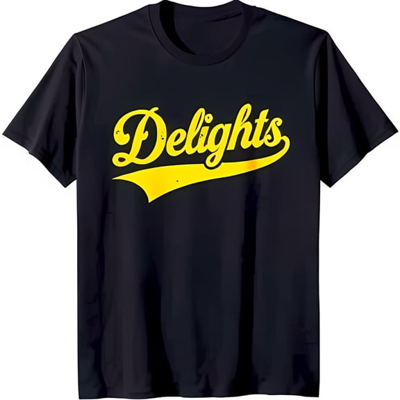 Classic Black T-Shirt with Yellow 'Delights' & Design Stylish Font