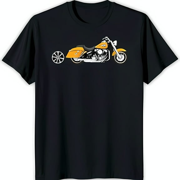 Classic Black T-Shirt with Yellow Motorcycle Graphic Soft Casual Wear