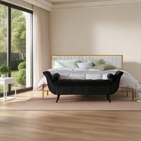 Classic Black Velvet Upholstered Storage Bench, 65-Inch Mid-Century Tufted Seating for Two