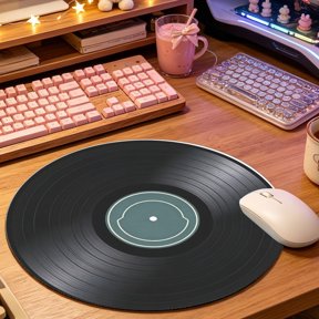 Classic Black Vinyl Record Design Round Mouse Pad, 2D Printed Mouse Mat for Home Office & Gaming (8.66 inch)