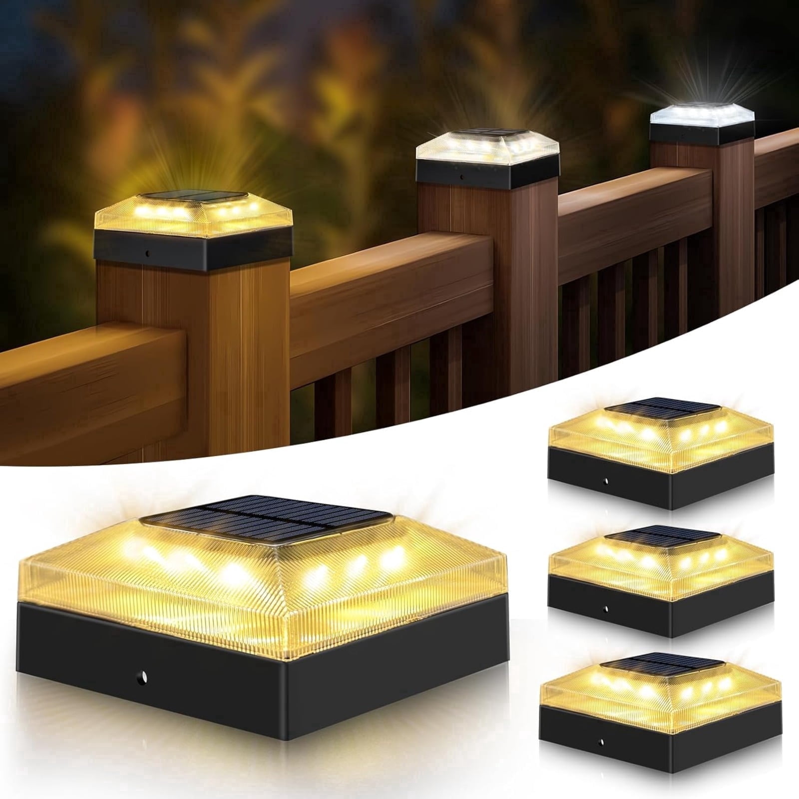 4 Pack 4x4 Solar Post Cap Lights Outdoor, Waterproof Dusk to Dawn 3 Color Modes LED Fence Post Lights for 4 inch Vinyl PVC Wood Posts Deck Driveway Porch Backyard Black