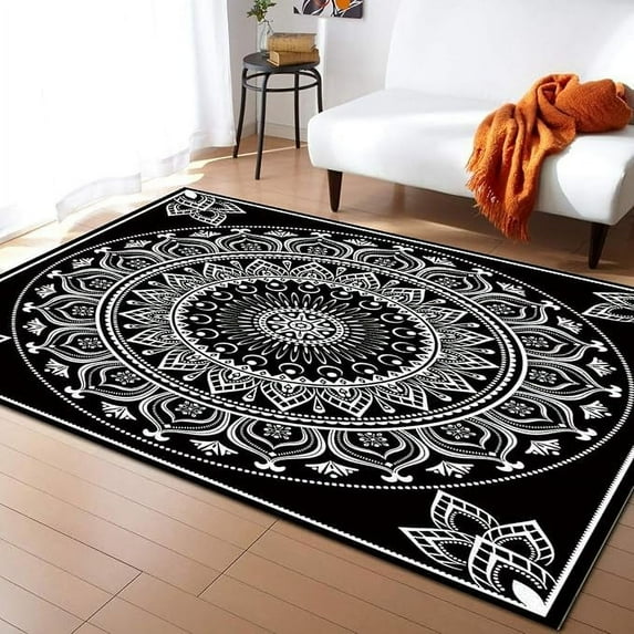 Classic Black And White Area Rugs, Black And White Floral Easy Clean Rug Soft Non-Skid Carpet Throw Rug For Kids Teen Girls Boys Bedroom Living Room Bathroom Classroom Office 5 x 8ft