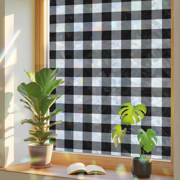 Classic Black and White Buffalo Check Window Privacy Film, Rainbow Film Decorative Window Sticker 17.7x39.3in, Monochrome Plaid Sun Blocking Static Stained Glass Cling Tint Non-Adhesive